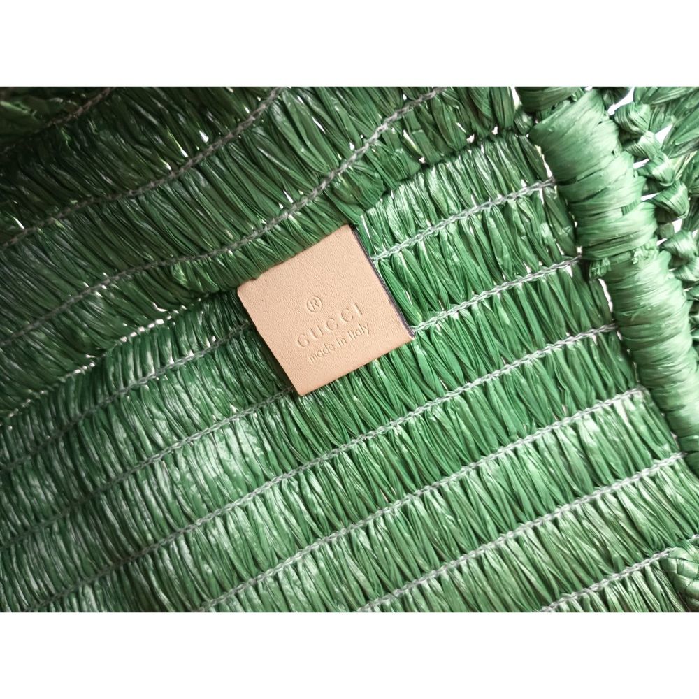 Gucci Green Stripe Web Woven Straw Raffia Tote Shopper Bag - Picture 8 of 8